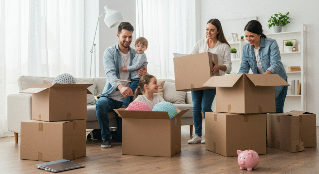understanding-major-us-moving-costs Happy family unpacking boxes in a bright new living room, symbolizing a fresh start after understanding moving costs.
