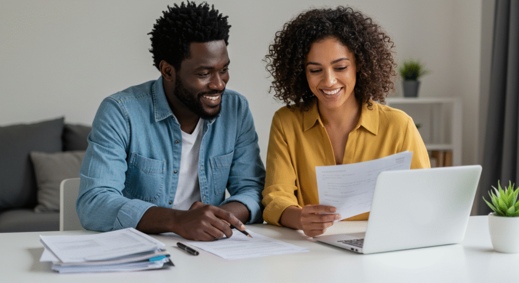 understanding-premarital-financial-agreements-usa A happy couple collaboratively reviewing financial documents and a laptop, symbolizing open communication and proactive financial planning for their marriage.